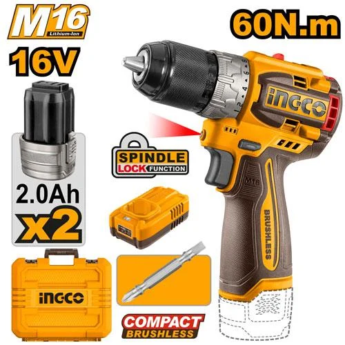 INGCO 16V Brushless Cordless Drill Dual Battery