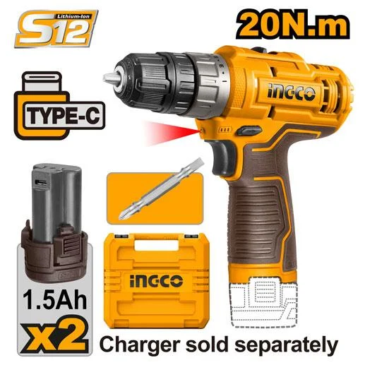 INGCO 12V Cordless Drill 1.5Ah (2x Battery)