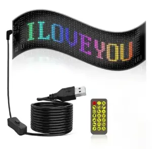 Programmable Flexible LED matrix panel with a USB power cable and remote control.