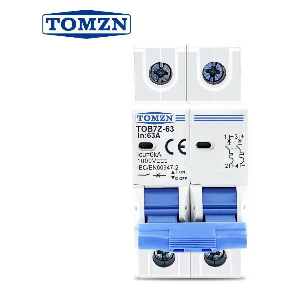 TOMZN TOB7Z-63 2P DC MCB 1000V Miniature Circuit Breaker 3A-63A Overload & Short Circuit Protection